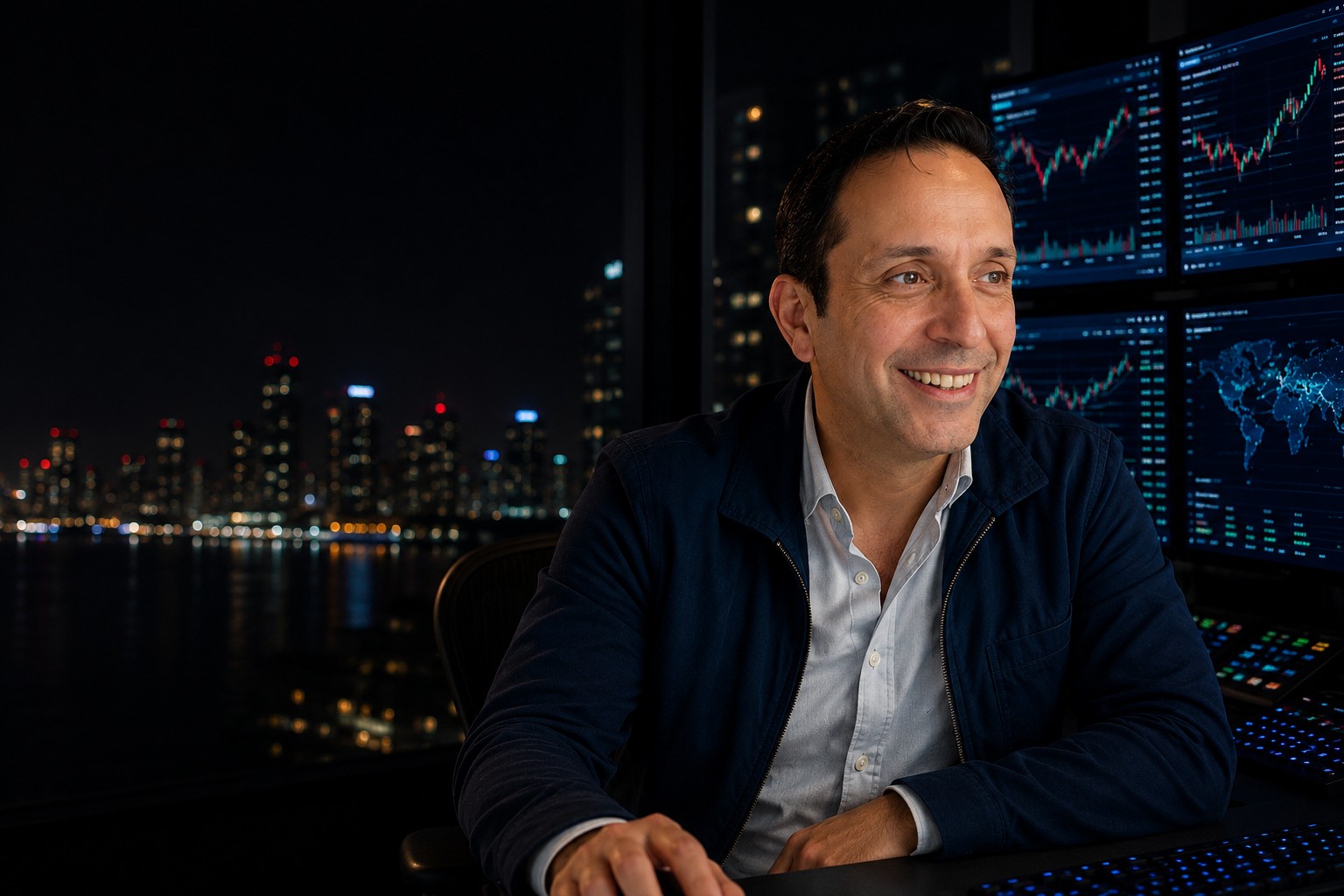 Danny Rodriguez smiling at his desk at night, trading and market monitors lit beside him, the city visible through the window behind.